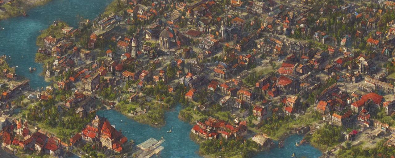 Prompt: close up map of a city. pc game. witcher 3 novigrad. village. detailed. church. markets. city center. river. art by moebius and thomas kinkade and greg rutkowski.