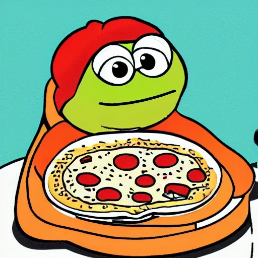 Image similar to pepe the frog chilling in the sofa eating pizza