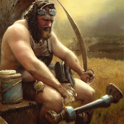 Prompt: a medieval blacksmith, cumulus tattoos, burly, resting on a tough day, candid, cloud accents, fantasy character portrait by gaston bussiere, craig mullins