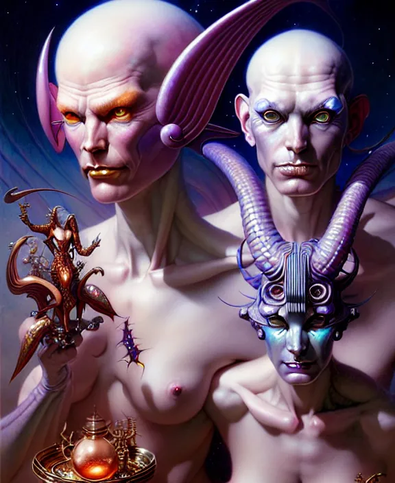 Image similar to beautiful gemini good and evil fantasy character portrait, ultra realistic, wide angle, intricate details, the fifth element artifacts, highly detailed by peter mohrbacher, hajime sorayama, wayne barlowe, boris vallejo, aaron horkey, gaston bussiere, craig mullins