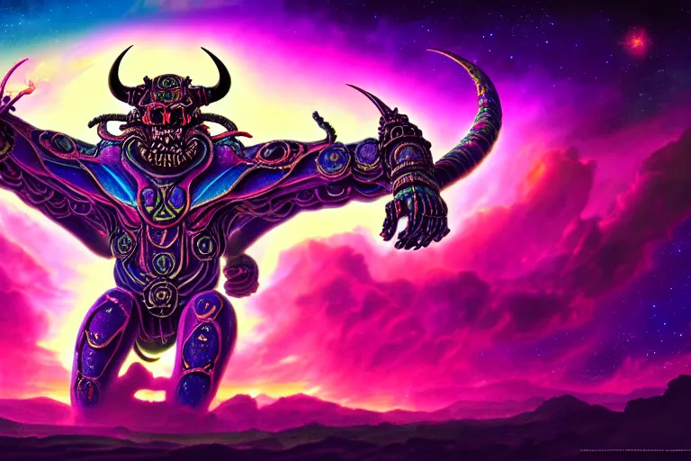 Image similar to epic pose of rebulon the ancient demon, by lisa frank, masterpiece concept art, 8 k, intricate detail, cinematic lighting, epic pose, deep colors, majestic view