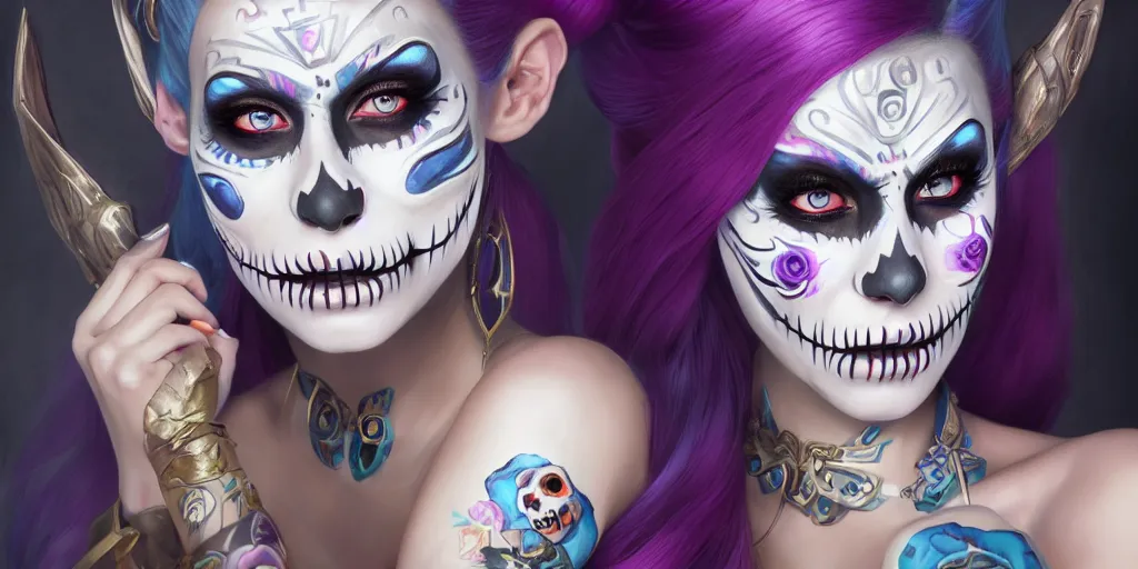 Image similar to uhd portrait photography mirror of jinx from league of legends with her face painted as in the dia de los muertos, coherent portraits, mmorpg fantasy, intricate, elegant, highly detailed, digital painting, trending on artstation, hdr photo, smooth, sharp focus, illustration, art by artgerm and greg rutkowski and alphonse mucha