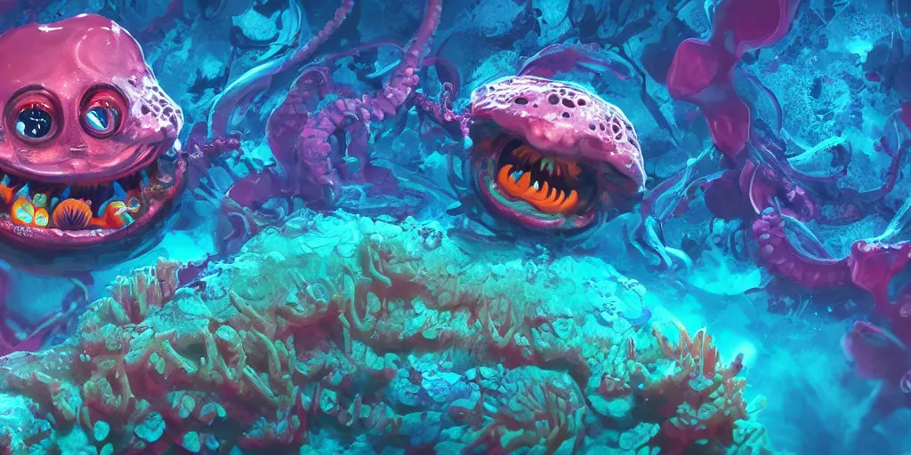 Image similar to of a colorful deep sea under water with strange cute friendly happy creatures with huge eyes, mouth, long tongue and round teeth appearing from sandy coral, in the style of gehry and gaudi, macro lens, shallow depth of field, ultra detailed, digital painting, trending artstation, concept art, illustration, cinematic lighting, photorealism, epic, octane render