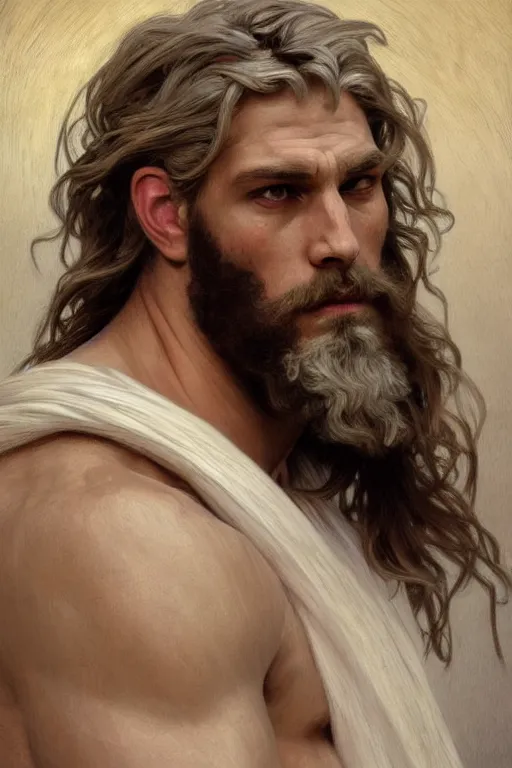 Image similar to painted portrait of rugged zeus, god of thunder, greek god, white hair, masculine, powerful, handsome, opulent, upper body, white robe, muscular, hairy torso, fantasy, intricate, elegant, highly detailed, digital painting, artstation, concept art, smooth, sharp focus, illustration, art by gaston bussiere and alphonse mucha