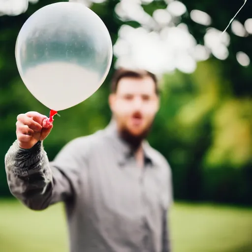 Prompt: man holding a balloon, canon lens