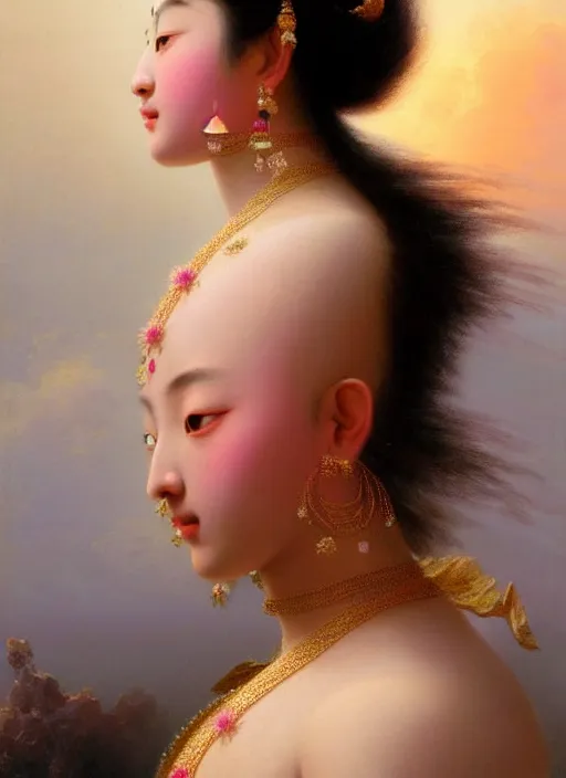 Image similar to stunning asian godess, detailed pink and white protea head peace against a black backdrop by ivan aivazovsky, wlop, oil painting, beautiful soft lighting, muted colours, artstation