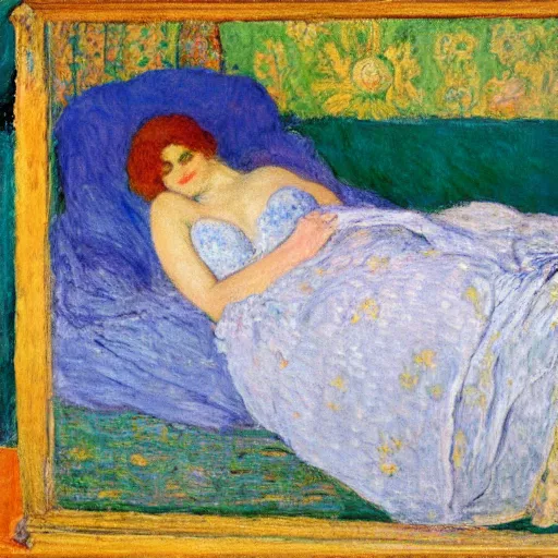 Prompt: woman clothed with blue dress laying on the bed, by pierre bonnard