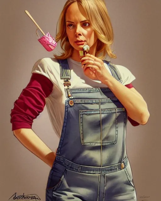 Image similar to portrait of a blonde fuller figured barbara bach from the bond film wearing dungarees and eating ice creams in porto, real life skin, intricate, elegant, highly detailed, artstation, concept art, smooth, sharp focus, art by artgerm and greg rutkowski and alphonse mucha