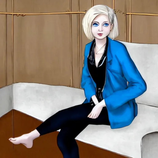 Image similar to aristocratic platinum - blonde - haired hime - cut blue - eyed 1 9 - year - old french princess wearing white leggings and black jacket, sitting in a communist office chatting with a bolshevik officer, colorized hd photograph