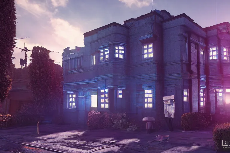 Image similar to cyberpunk, an estate agent listing photo, external view of a detached city house in the UK, London, sunny, by Paul Lehr, highly detailed, photorealistic, unreal engine, 8k, anamorphic, cinestill cinematrography