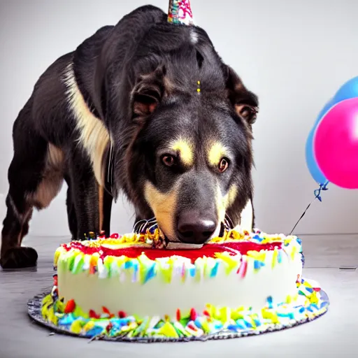 Image similar to large dog eating a birthday cake, photorealistic, 3 5 degree shot, movie still