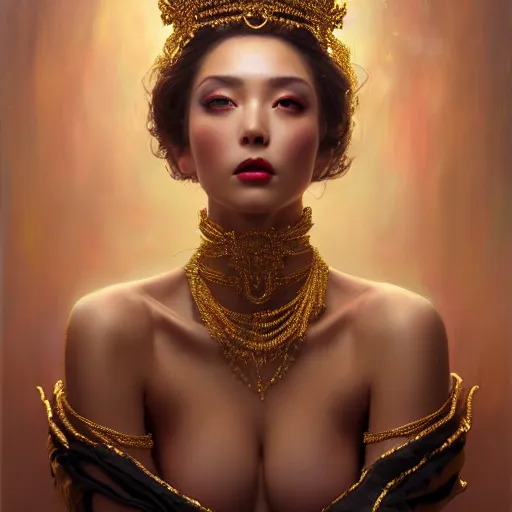 Prompt: expressive oil painting, of alluring european princess, loving seductive look, smooth glowing skin, glistening body, love, adoration, blushing, ornate headpiece of black beads, glamour shot, by yoshitaka amano, by greg rutkowski, by jeremyg lipkinng, by artgerm, digital art, octane render, shimmering robe