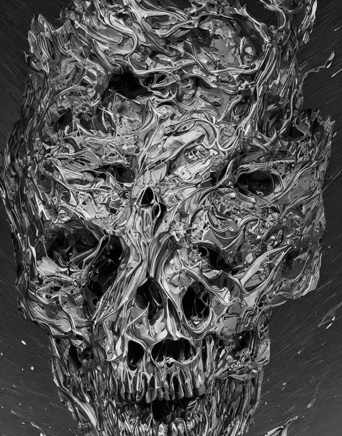 Image similar to portrait of a melting skull. intricate abstract. sharp teeth. delicate artwork. by Tooth Wu, wlop, beeple, dan mumford. octane render, trending on artstation, greg rutkowski very coherent symmetrical artwork. cinematic, hyper realism, high detail, octane render, 8k, depth of field, bokeh. chrome accents.