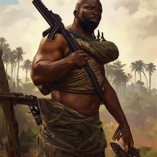 Image similar to hyperrealistic nigerian warlord, scared upper body and intimidating face, jungle setting with guerilla pickup trucks being present in the background, art by artgerm and greg rutkowski and alphonse mucha