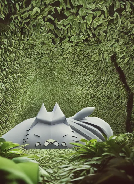 Image similar to totoro film still zaha hadid forests scene with a full still life seinen manga commercial photo of real - life origami plant, perfect eyes, cinestill, 8 k