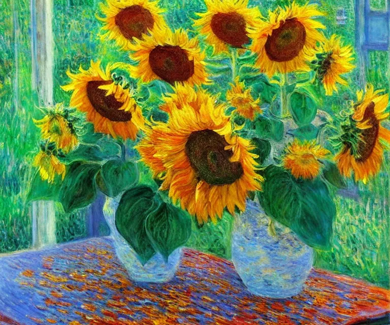 Image similar to sunflowers, monet, oil painting, bright colors, sunlight, happy, peaceful, serene, joy