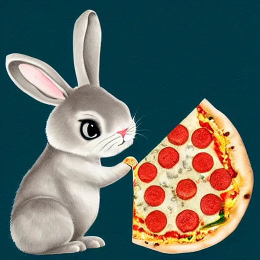 Prompt: cute bunny is eating pizza, digital art