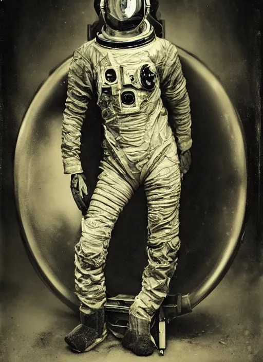 Image similar to old wetplate daguerreotype portrait of a futuristic space astronaut cyborg striking a model pose, fractal, intricate, elegant, highly detailed, parallax, leica, medium format, subsurface scattering, by jheronimus bosch and greg rutkowski and louis jacques mande daguerre