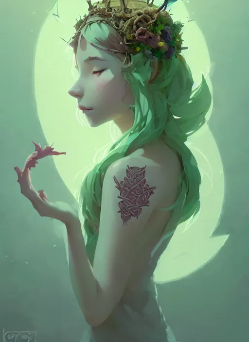 Prompt: portrait of cute fairy girl with crown of flowers covered with rune tattoos, fantasy, by atey ghailan, by greg rutkowski, by greg tocchini, by james gilleard, by joe gb fenton, by kaethe butcher, dynamic lighting, gradient light green, brown, blonde cream and white color in scheme, grunge aesthetic