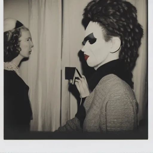 Prompt: polaroid photo of Ronald McDonald putting on makeup in the dressing room, premiere nerves, style of Karl Lagerfeld