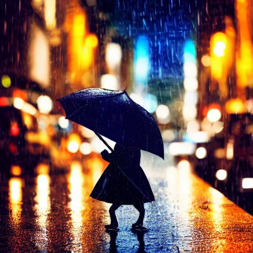 Image similar to portrait of an humanoid detective rabbit holding an umbrella, rainy night, city lights, sharp, focused photo