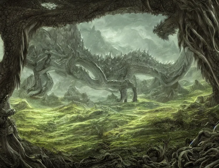 Image similar to fantasy landscape. very wide valley with a giant dragon skeleton at the bottom ( central ), woodland growing around the skeleton. digital art.