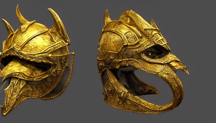 Image similar to viking dragon helmet, made from gold, photorealistic render