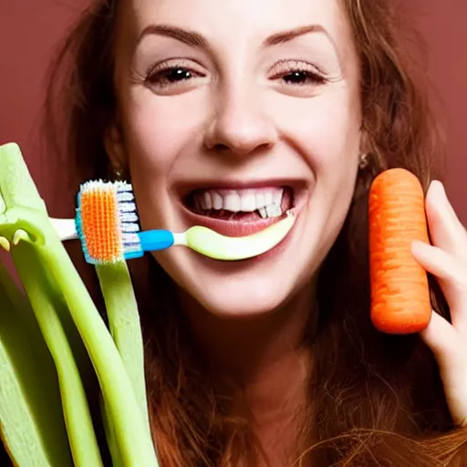 Image similar to woman with carrots instead of teeth, toothbrush advertisement