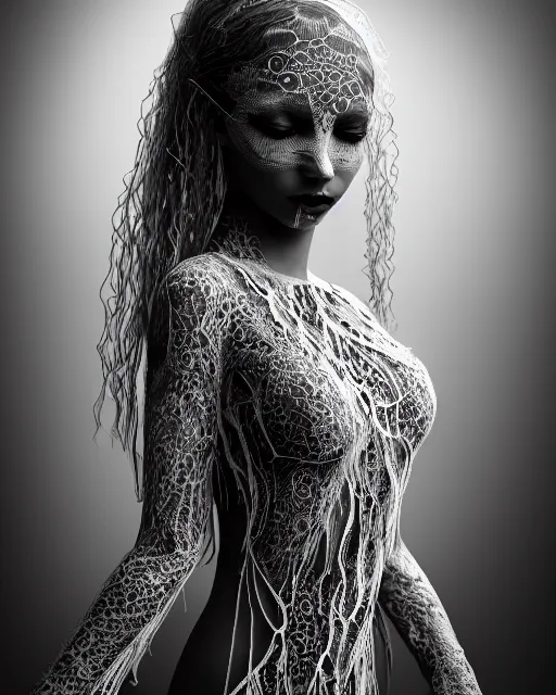 Image similar to surreal mythical dreamy dark artistic black and white fine art photo of a beautiful young female vampire - medus - cyborg covered with lace fish scales and translucent algae, highly detailed, intricate crystal ivy jelly fish scales ornate, lace web, poetic, octane render, 8 k, photo - realistic