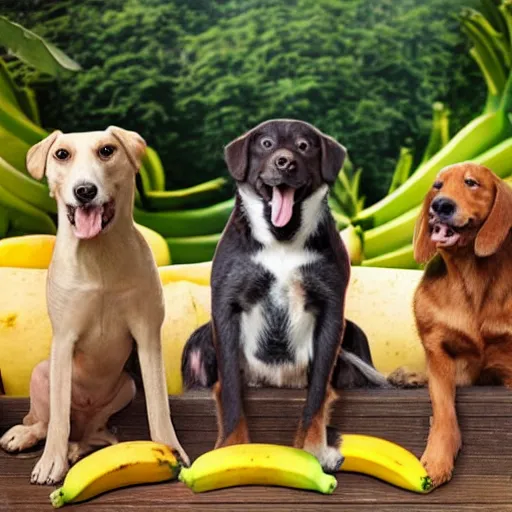 Prompt: a realistic photo of 2 or 3 dogs sitting around a bunch of bananas, looking at them whilst druoling because they're hungry.