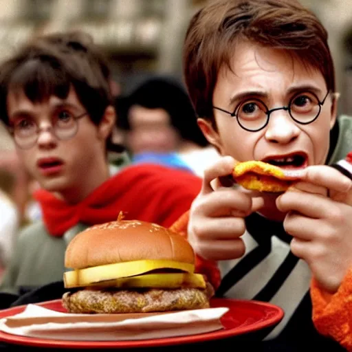 Image similar to Harry Potter eating a cheeseburger, photo realistic, award-winning, highly-detailed, epic, cinematic, dramatic