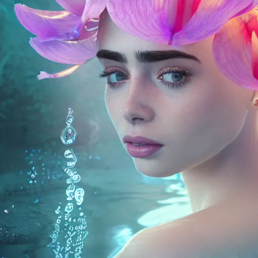 Image similar to a beautiful blonde queen girl lily collins, floating under the deep dream water, beautiful smooth soft light + white petal, oil paint, octane render, unreal engine 5, closeup, 4 k, highly detailed, instagram,