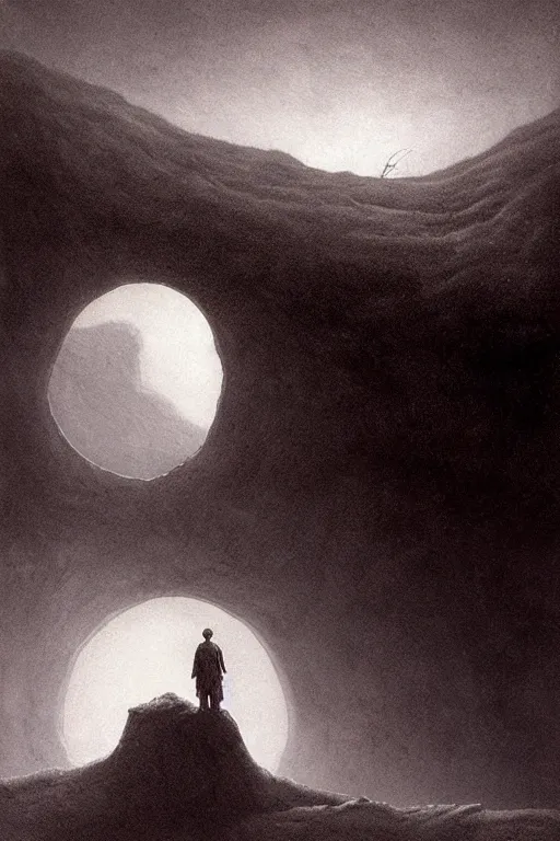 Prompt: a solitary person looking at a giant hole that nobody dare enter, foreboding, ominous, doom, desolate moonscape, luna - core, crater, mist, marc simonetti, david lynch, zdzisław beksinski