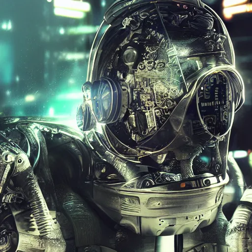 Image similar to photoreal portrait of a futuristic intricate angry robot in a infinity server bunker of singularity, intricate malfunctioning open circuits, glittering light leaks, distorted electromagnetic waves, blue glowing agressive led eyes, wearing a very smart intricate wwii combat flight mask and goggles, octane render, trending on artstation, cyberpunk, dystopia tokyo