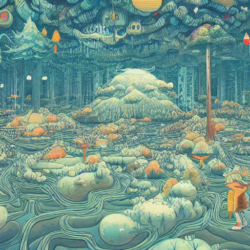 Prompt: inflatable landscape with forest, river and mountains swarm of floating wishes , concept art, huge scale, high detail, sci fi by James Jean