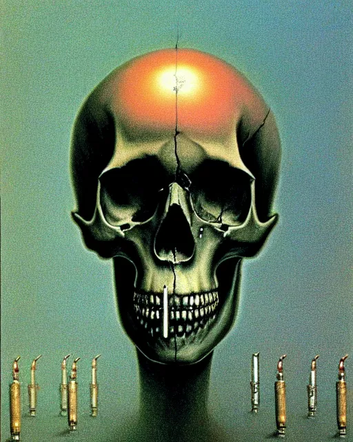 Image similar to portrait of a skull with bullet casings in its eyesocket instead of eyes by zdzislaw beksinski, key art, iridescent accents