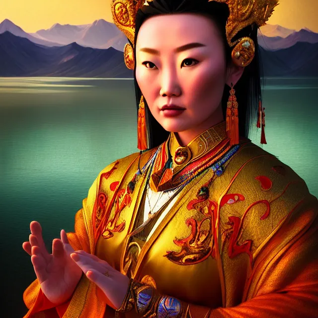 Prompt: beautiful 3 d render of a mongolian queen goddess in a sensual pose, atmospheric lighting, painted, intricate, volumetric lighting, beautiful, rich deep colours masterpiece, sharp focus, ultra detailed, in the style of dan mumford and marc simonetti, with lake baikal in the background, astrophotgraphy