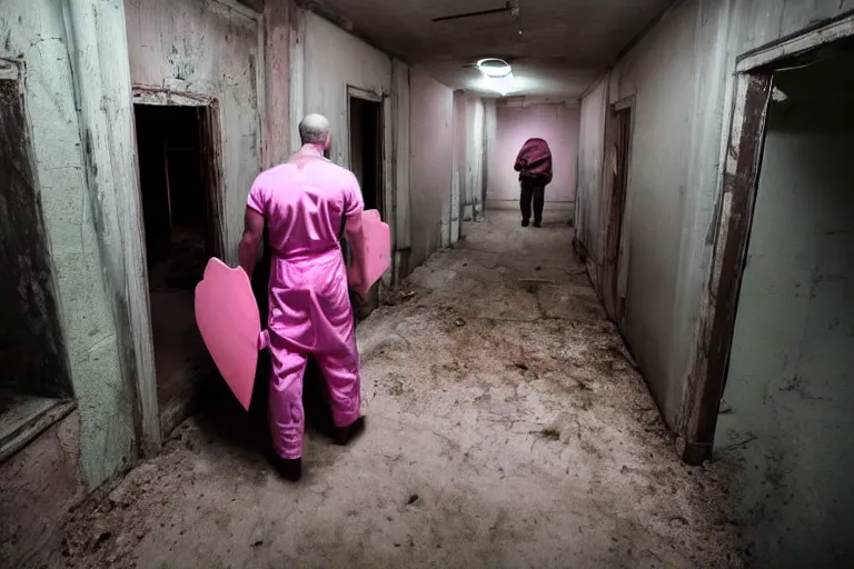 Image similar to batman wearing pink apron wielding an axe, chasing through old brown decrepit hallway, creepy smile, atmospheric eerie lighting, dim lighting, bodycam footage, photograph