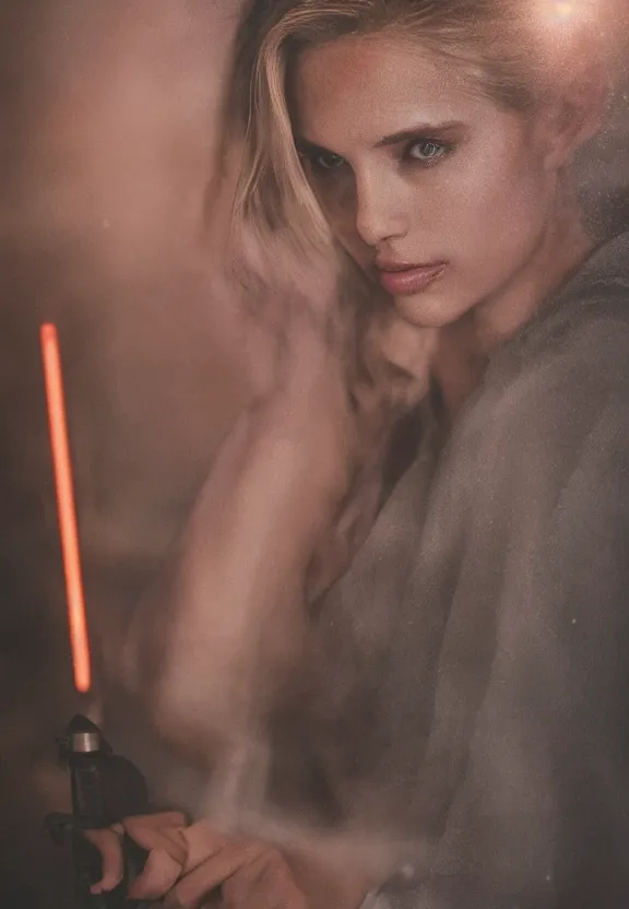 Image similar to cute model annie leonhart holding a lightsaber, beautiful face, detailed face, realistic eyes, cinematic lighting, rainy weather, melancholy atmosphere, volumetric light, realistic reflections, model agency, instagram photo, shot on sony a 7 iii, beauty filter, postprocessing