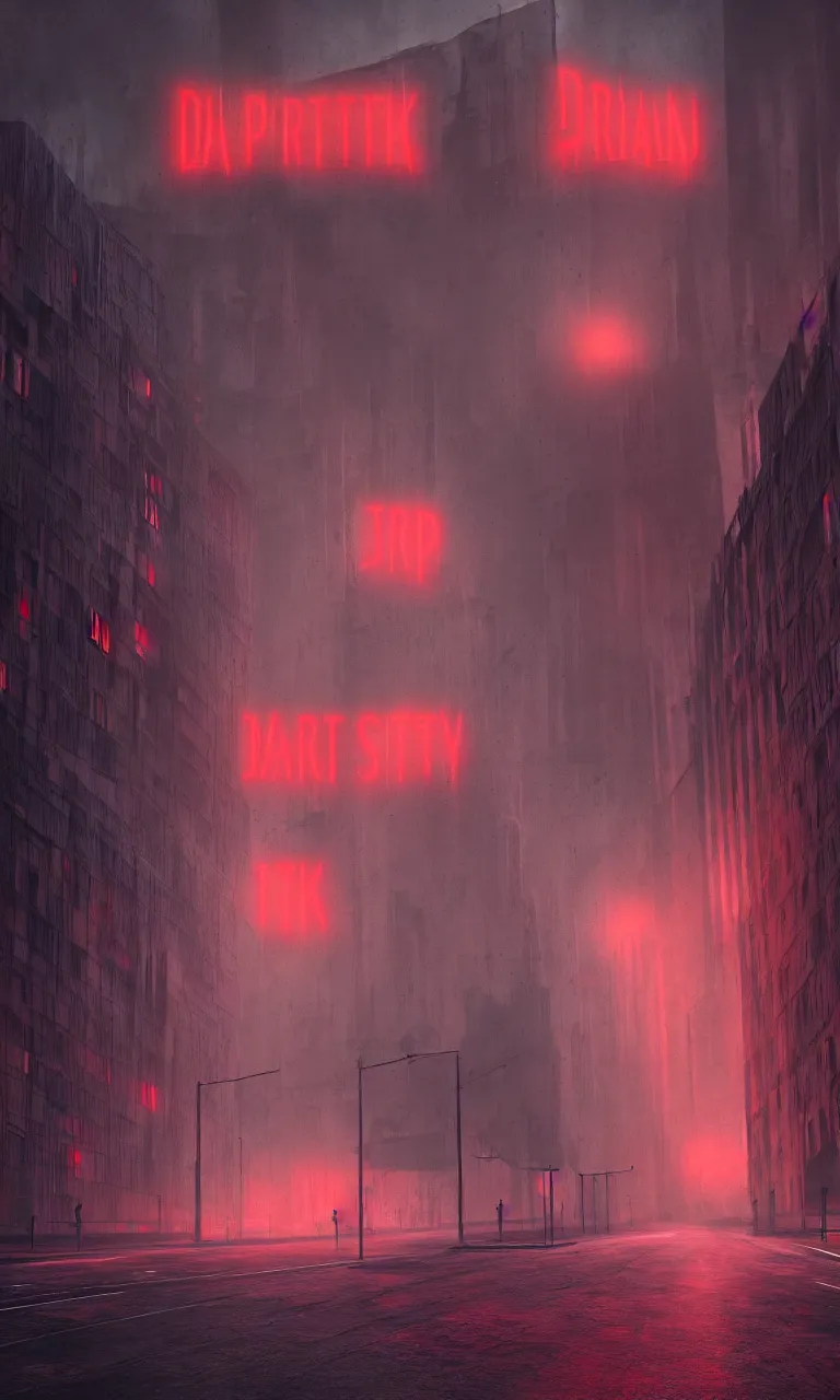 Image similar to Matte painting of dark brutalist cathedral with red neon signs, abandoned streets, cityscape, dark sky, hyper realism, fog, 8k, trending on artstation