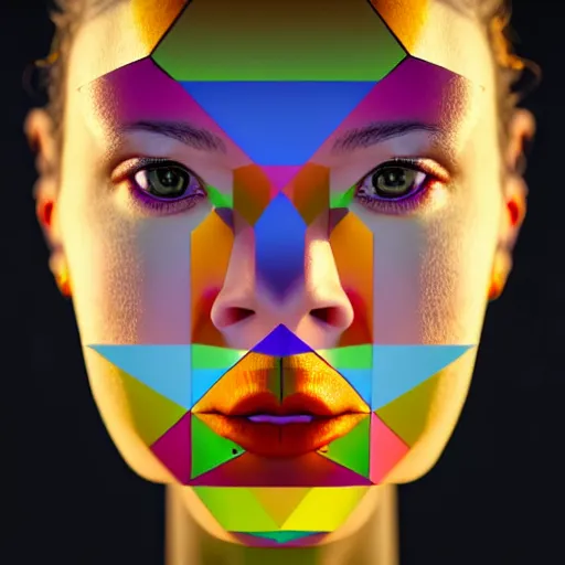 Image similar to un ultra high definition contemporary photographic portrait of a fictional female fine artist named oxoxoxox oxoxox renowned for her use of bright colours and thick geometric patterns. three point light. golden hour, golden ratio, ray tracing, volumetric light and shadow, shallow depth of field.