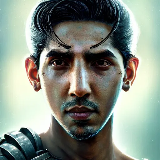 Image similar to dev patel portrait, dystopia core, apocalyptic, armor, warrior, dramatic, sharp focus, fiction, neon, fantasy, hyper detailed, digital art, trending in artstation, cinematic lighting, studio quality, smooth render, unreal engine 5 rendered, octane rendered, art style and nixeu and wlop and krenz cushart