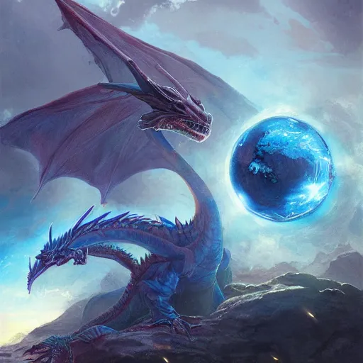 Prompt: Blue scaled dragon, chrystalline dragon, devouring an earth like planet in space, sun system, nebula in the background, oil painting, by Fernanda Suarez and Edgar Maxence and Greg Rutkowski