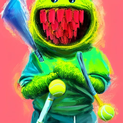 Image similar to a tennis ball monster wearing a hoodie ,tennis ball, tennis racket, colorful, digital art, fantasy, magic, trending on artstation, ultra detailed, professional illustration by Basil Gogos