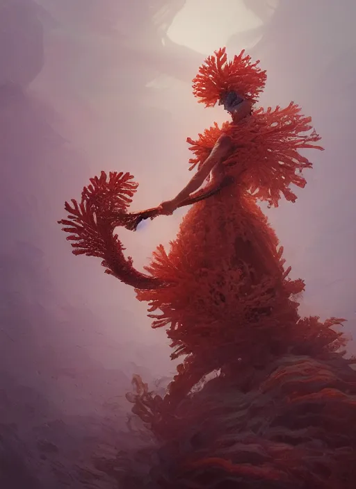 Prompt: Helmet of a forgotten Deity, corals, plume made of seaweed, glowing fish, extremly detailed digital painting, in the style of Fenghua Zhong and Ruan Jia and jeremy lipking and Peter Mohrbacher, mystical colors, rim light, beautiful lighting, 8k, stunning scene, raytracing, octane, trending on artstation