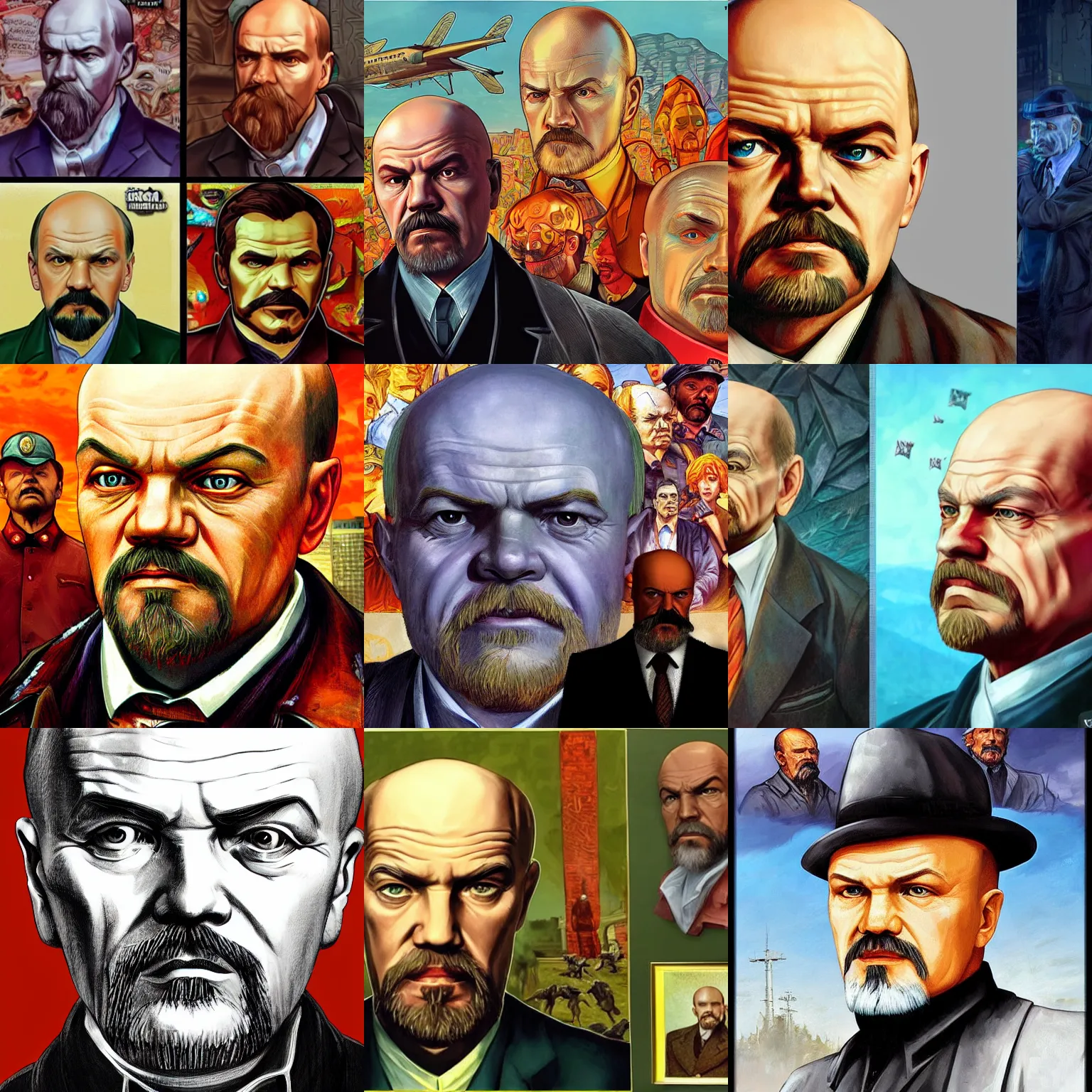 Prompt: Vladimir lenin as a character in the game GTA VI, with a background based on the game League of Legends, detailed face, photorealistic pAINTING BY android jones, alex grey, chris dyer, and aaron brooks