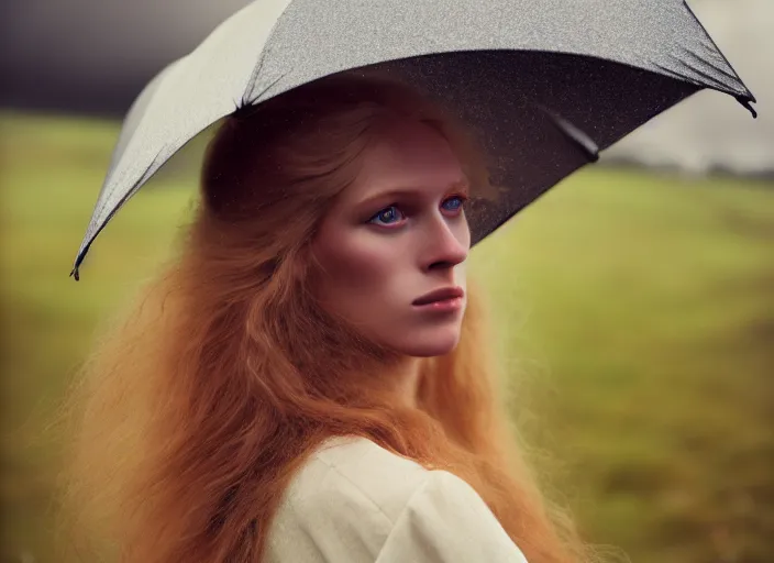 Image similar to cinestill 5 0 d photo of a pre - raphaelite blond beautiful woman, dreamy mood, fine art photography in style of gilles zimmermann, 1 5 0 mm, f 1. 2, emotionally evoking, head in focus, stormy clouds outdoor, matt mute colour background, volumetric lighting, hyper realistic, ultra detailed