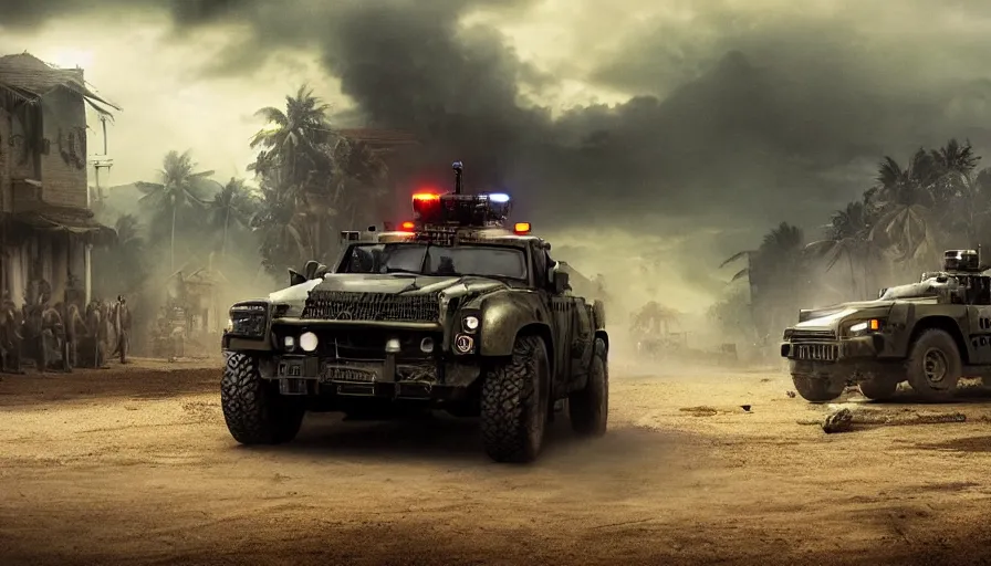 Prompt: a militarized police vehicle riding through a kerala village, furious action scene, an epic fantasy, dramatic lighting, cinematic, establishing shot, extremely high detail, photorealistic, cinematic lighting, artstation, matte painting, octane render, hdr, by Christopher Nolan, horizon forbidden west