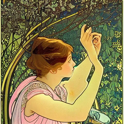 Image similar to “ girl drinking a beer under a tree, art nouveau, very detailed, gold leaf, plants, illustration by alphonse mucha ”