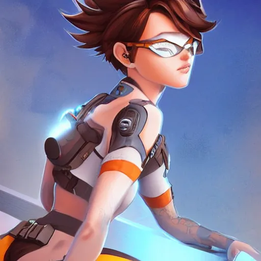 Prompt: digital artwork of tracer sitting on a rooftop, in the style of artgerm, detailed face, expressive face, feminine face,